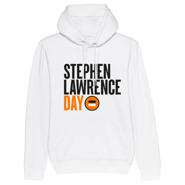 Stephen Lawrence Day Hoodie – White Hoodie, Black and Orange Text